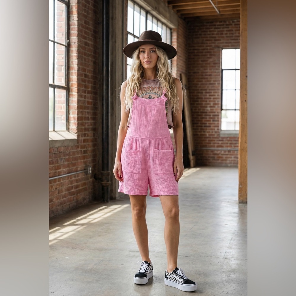 NWT Textured Gauze Washed Pink Knot Strap Jumper Overalls Shortalls Romper - Picture 7 of 7